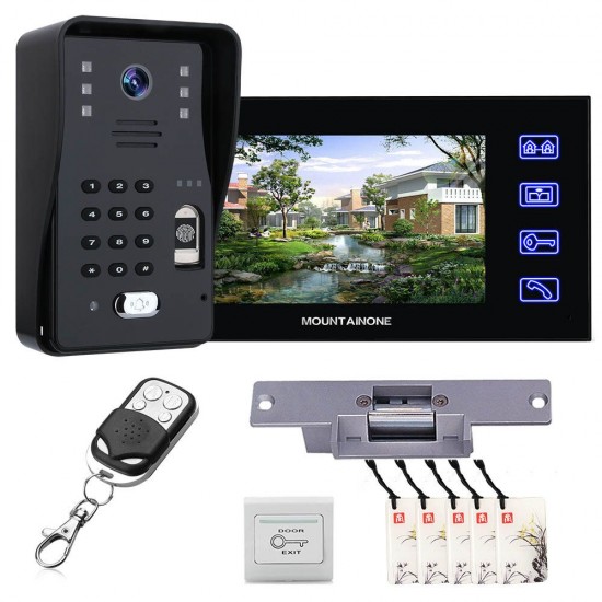 SY816MJLENO11 7inch Fingerprint RFID Password Video Door Phone Intercom Doorbell System Kit With NO Electric Strikes Lock+ Wireless Remote Control unlock