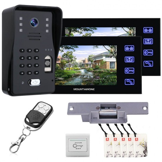 SY816MJLENO12 2 Monitors 7inch Fingerprint RFID Password Video Door Phone Intercom Doorbell System Kit With NO Electric Strikes Lock+ Wireless Remote Control Unlock