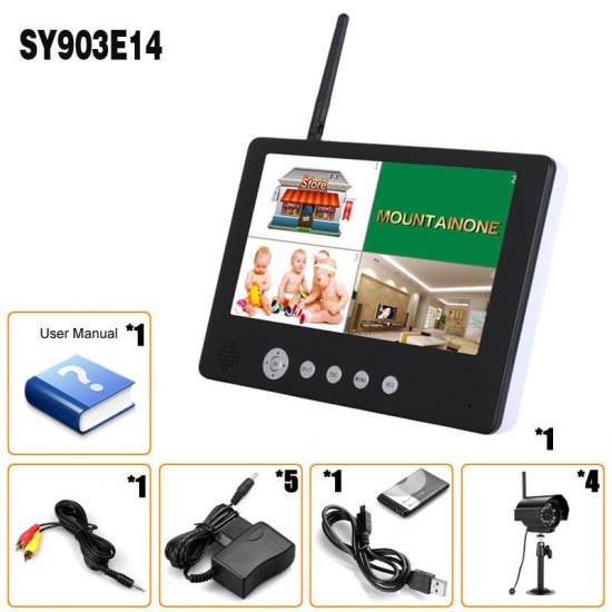 SY903E14 9inch LCD Monitor DVR Wireless Kit Home CCTV Security System with Four Digital Cameras