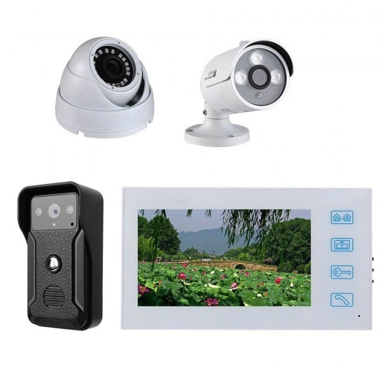 White 7 inch Record Wired Video Door Phone Doorbell Intercom System Kit with AHD 1080P Camera and 2CH Security Camera