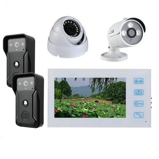 White 7 inch Record Wired Video Door Phone Doorbell Intercom System Kit with 2pcs AHD 1080P Camera and 2CH Security Camera