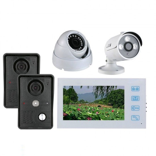 White 7 inch Record Wired Video Door Phone Doorbell Intercom System Kit with 2pcs AHD 1080P Camera and 2CH Security Camer