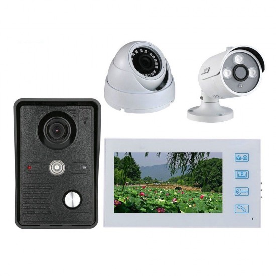 White 7 inch Record Wired Video Door Phone Doorbell Intercom System Kit with AHD 1080P Camera and 2CH Security Camera
