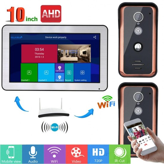 Wired Wifi Video Door Phone Doorbell Intercom Entry System with IR-CUT AHD 720P 2 X Wired Camera Night Vision,Support Remote APP intercom,Unlocking,Recording,Snapshots