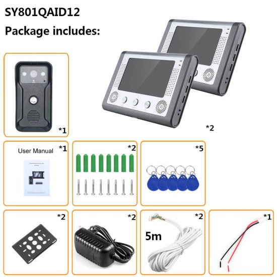 SY801QAID12 7 inch 2 Monitor Color Video Intercom Door Phone RFID System With HD Doorbell 1000TVL Camera SY801QAID12 7 inch 2 Monitor Color Video Intercom Door Phone RFID System With HD Doorbell 1000TVL Camera