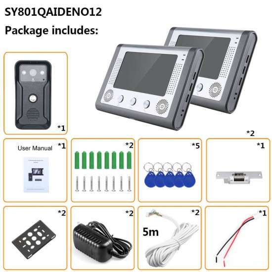 SY801QAIDENO12 7 inch 2Monitors Color Video Intercom Door Phone RFID System With HD Doorbell 1000TVL Camera with Electric StrIike Lock