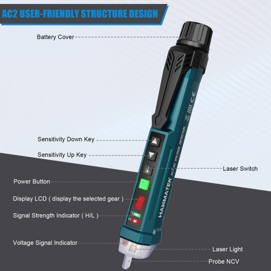 AC1 12V~1000V Red Laser Non Contact Voltage Tester Pen Live Line Null Live Detector with Light + Sound Alarm