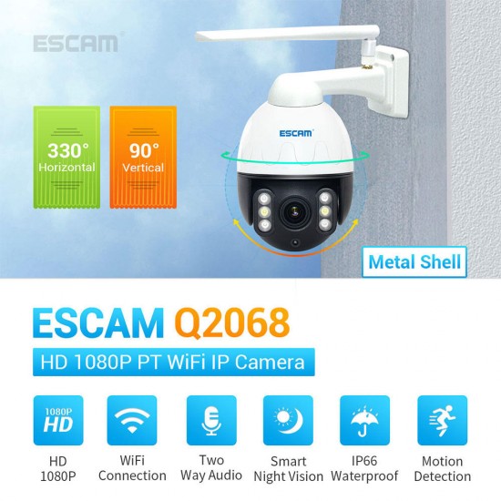 Q2068 1080P Metal Case WiFi Waterproof IP Camera Support ONVIF Pan Tilt Two Way Talk IR Night Vision Security Camera