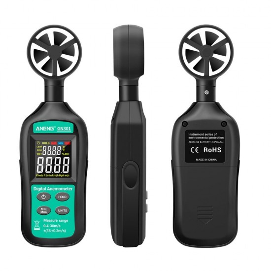 GN301 Digital Anemometer 0-30m/s Wind Speed Meter -10 ~ 45C Temperature Tester Anemometro with LCD Backlight Display