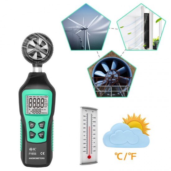 FY856 Digital Anemometer Portable Anemometro Thermometer Wind Speed Gauge Meter Windmeter LCD Digital Hand-held Anemometer