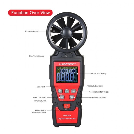 HT625A/HT625B Digital Anemometer Handheld Wind Speed Meter Gauge for Measuring Wind Speed and Data Hold Function