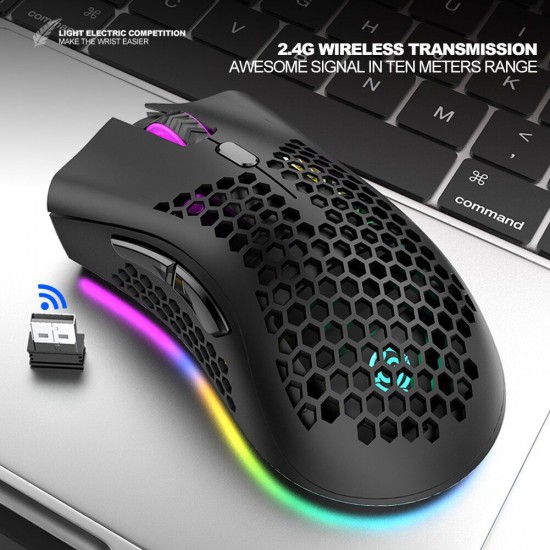 BM600 2.4GHz Wireless Gaming Mouse USB Rechargeable 1600DPI Adjustable RGB Backlit Hollow Out Honeycomb Office Gamer Mice