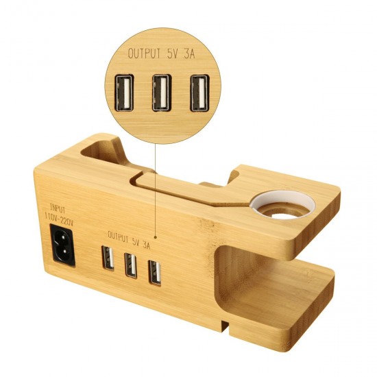 3 USB Port Bamboo Wood Charging Dock Station Phone Holder for 38mm and 42mm Smartphone