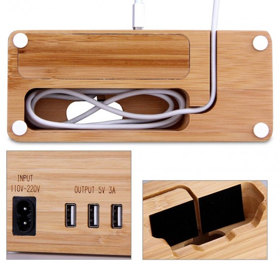 3 USB Port Bamboo Wood Charging Dock Station Phone Holder for 38mm and 42mm Smartphone