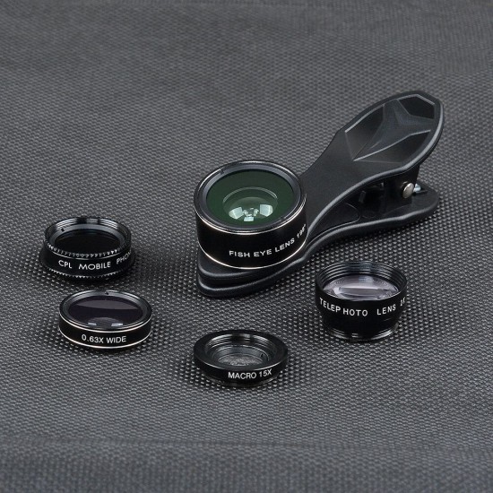 5 in 1 Universal Professional Mobile Phone Photography HD Glass Phone Lens 198° Fisheye Lens 15X Macro Lens 0.63X Super Wide Angle Lens 2X Telescope Lens CPL Lens with Phone Clip and Storage Bag 5 in 1 Universal Professional Mobile Phone Photography HD Glass Phone Lens 198° Fisheye Lens 15X Macro Lens 0.63X Super Wide Angle Lens 2X Telescope Lens CPL Lens with Phone Clip and Storage Bag