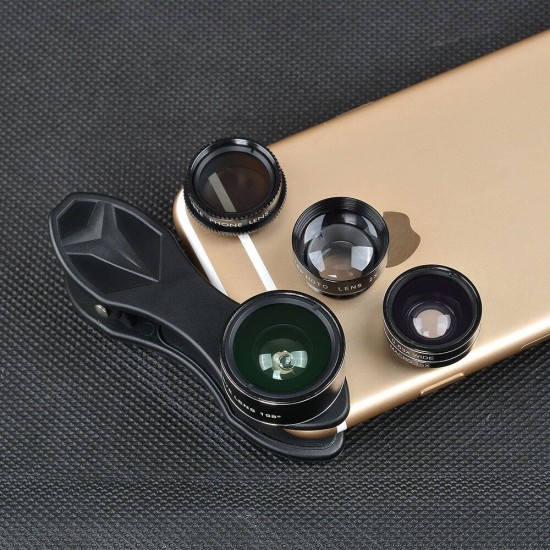 5 in 1 Universal Professional Mobile Phone Photography HD Glass Phone Lens 198° Fisheye Lens 15X Macro Lens 0.63X Super Wide Angle Lens 2X Telescope Lens CPL Lens with Phone Clip and Storage Bag