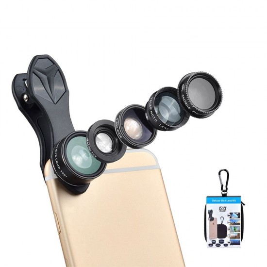 5 in 1 Universal Professional Mobile Phone Photography HD Glass Phone Lens 198° Fisheye Lens 15X Macro Lens 0.63X Super Wide Angle Lens 2X Telescope Lens CPL Lens with Phone Clip and Storage Bag