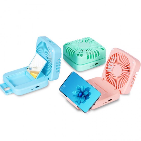 Portable Mini Adjustable Speeds Silent USB Rechargable Desktop Fan with Mirror and Phone Holder Stand