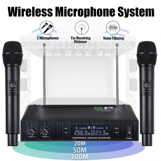 V2020 VHF Wireless Microphone System Cordless Dual Handheld Mic Karaoke Singing