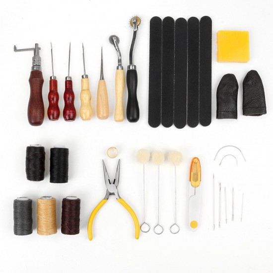 33Pcs Professional Leather Craft Working Tools Kit for Hand Sewing Punch Thread 33Pcs Professional Leather Craft Working Tools Kit for Hand Sewing Punch Thread