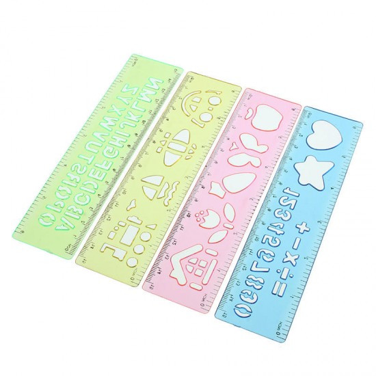 4Pcs Candy Color Cute Art Graphics Symbols Drawing Template Ruler 15CM