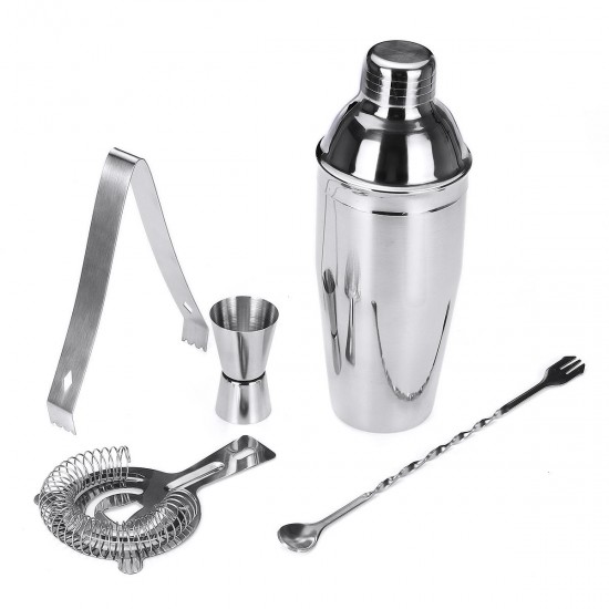 5pcs Cocktail Shaker Set Jigger Mixing Spoon Tong Barware Bartender Tools w/Wood Storage Stand Bars Mixed Drinks