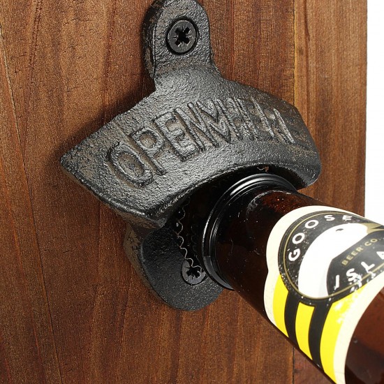 Beer Bottle Opener Drink Cap Catcher Wooden Iron Wall Mounted Rustic Bar Decoration