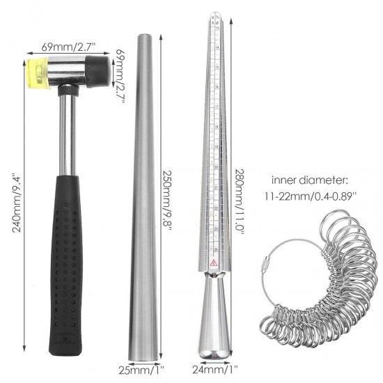 Jewelry Measuring Tool Set Alloy Ring Size Stick US Code Ring Ruler Hammer Kit