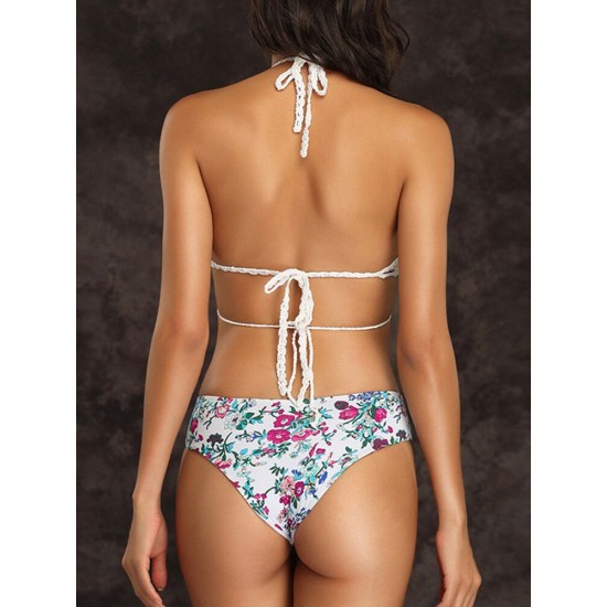 Knitting Top Floral Print Bikini Halter String Triangle Swimsuit Knitting Top Floral Print Bikini Halter String Triangle Swimsuit