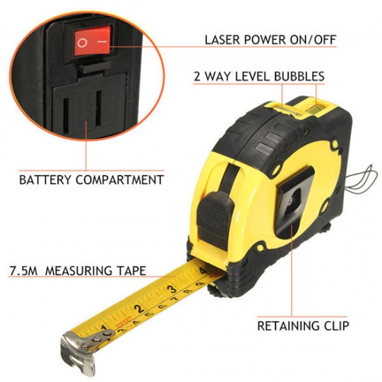 LV-07 Pro 25 7.5M Laser Level Tape Measure Horizontal Vertical Line Ruler Tester