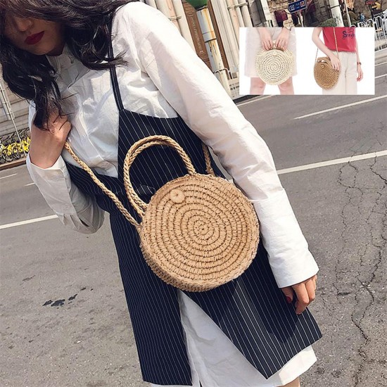 Round Straw Bag Women Rattan Circle Handwoven Shoulder Bag