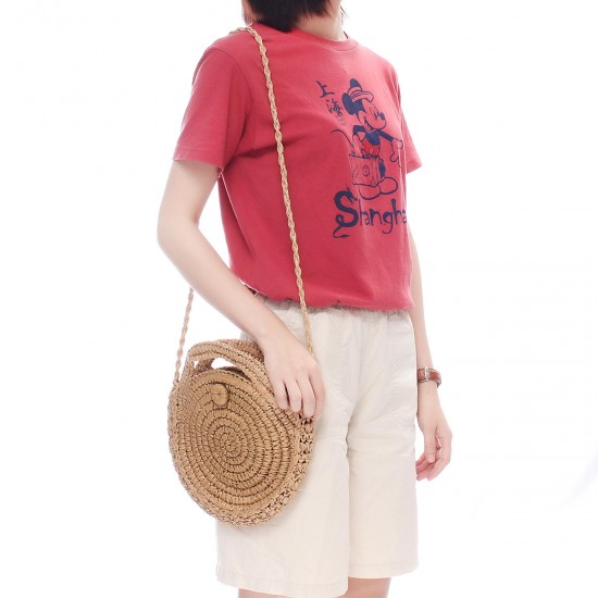 Round Straw Bag Women Rattan Circle Handwoven Shoulder Bag