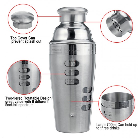Stainless Steel 700ML Cocktail Shaker Set Maker Mixer Martini Bar Bartender Kit Stainless Steel 700ML Cocktail Shaker Set Maker Mixer Martini Bar Bartender Kit