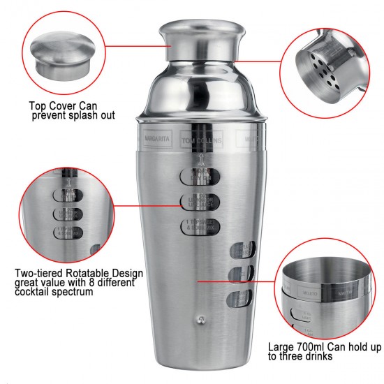 Stainless Steel 700ML Cocktail Shaker Set Maker Mixer Martini Bar Bartender Kit