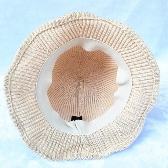 Women Autumn Crochet Knitted Bucket Hat Cotton Foldable Sunscreen Beach Hat