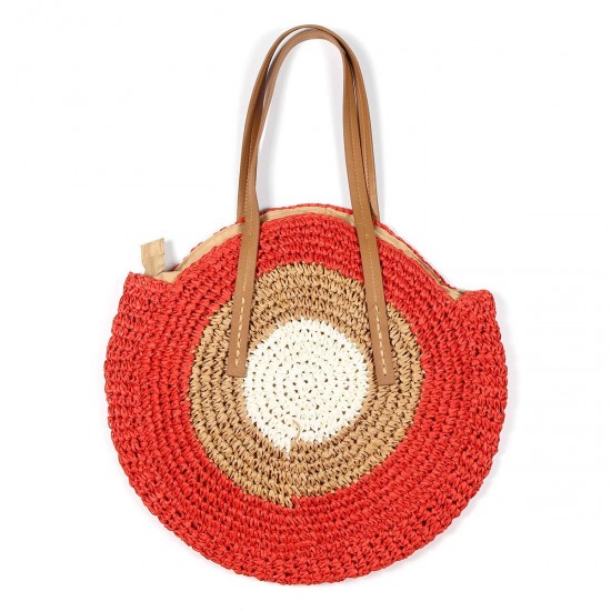 Women Beach Round Straw Bag Bucket Rattan Woven Handbag Shoulder Bag Outdoor Travel