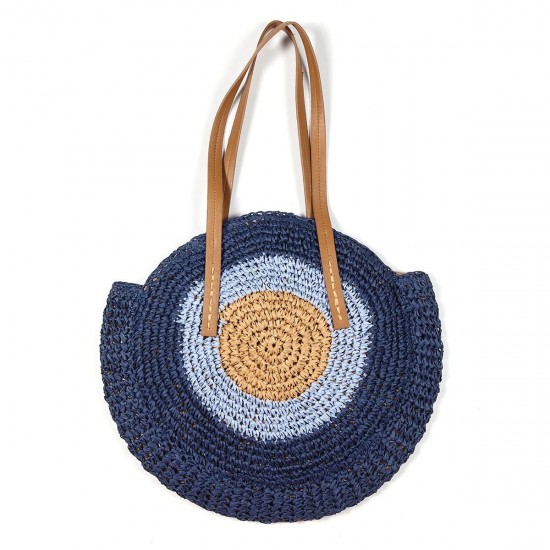 Women Beach Round Straw Bag Bucket Rattan Woven Handbag Shoulder Bag Outdoor Travel