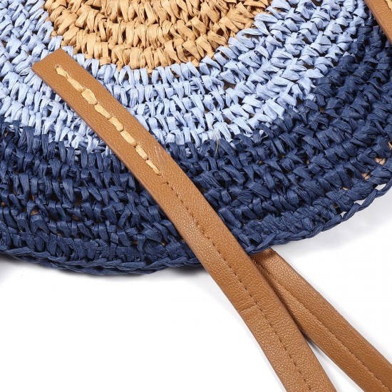 Women Beach Round Straw Bag Bucket Rattan Woven Handbag Shoulder Bag Outdoor Travel