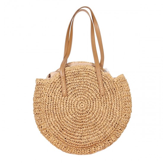 Women Beach Woven Straw Bag Bucket Rattan Shoulder Handbag Outdoor Travel