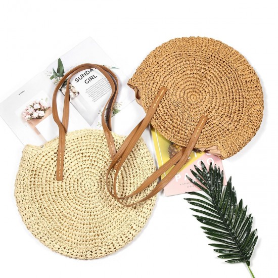 Women Beach Woven Straw Bag Bucket Rattan Shoulder Handbag Outdoor Travel