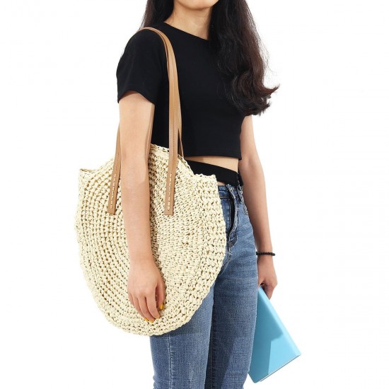 Women Beach Woven Straw Bag Bucket Rattan Shoulder Handbag Outdoor Travel