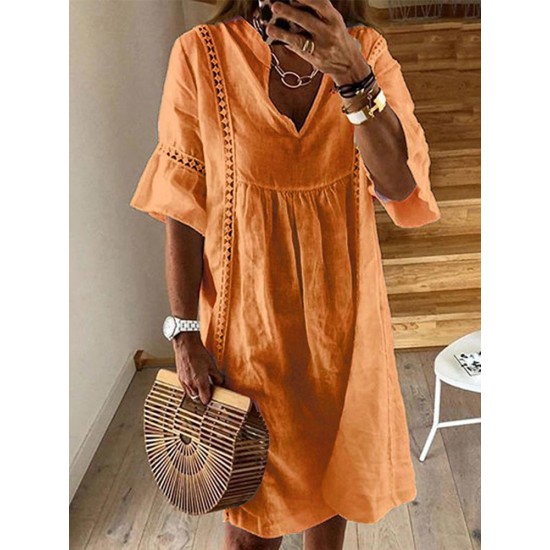 Women Casual Horn Sleeved V-Neck Dress