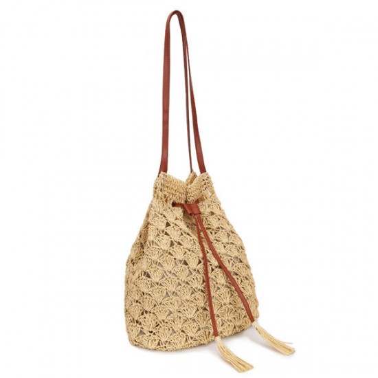 Women Hook Tassel Bucket Bags Ladies Straw Plaiting Tassel Bucket Bags Handbags