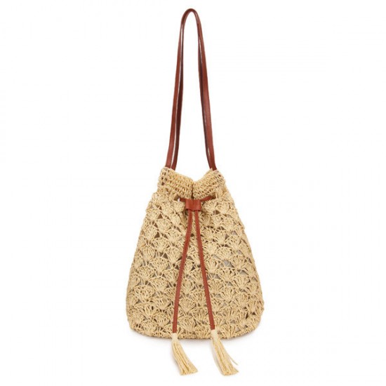 Women Hook Tassel Bucket Bags Ladies Straw Plaiting Tassel Bucket Bags Handbags