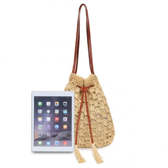 Women Hook Tassel Bucket Bags Ladies Straw Plaiting Tassel Bucket Bags Handbags