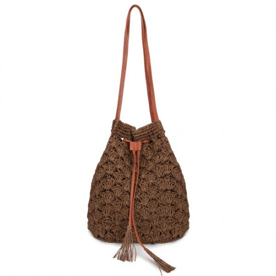 Women Hook Tassel Bucket Bags Ladies Straw Plaiting Tassel Bucket Bags Handbags