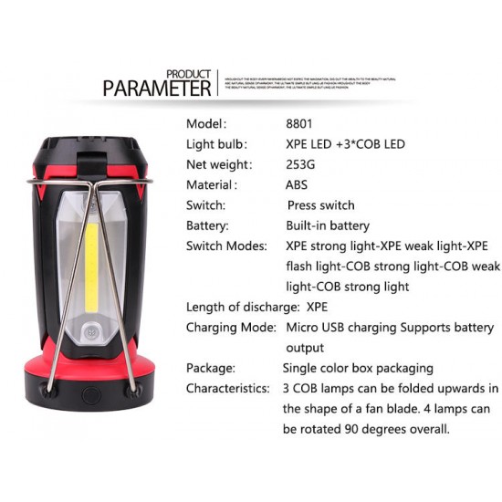 MX-8801 LED+COB 5Lights 8Modes USB Rechargeable Unfold Light Maintenance light Outdoor Camping Lamp LED Flashlight