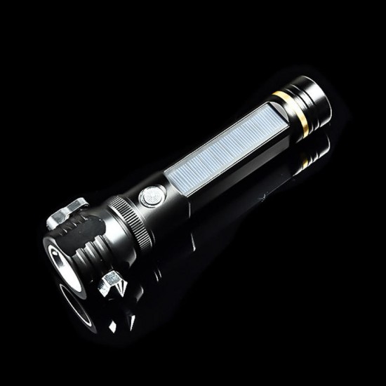 W565 T6 LED 500LM 3 Modes Electric Torch USB/Solar Charging Safety Hammer Cutter Tactical Flashlight