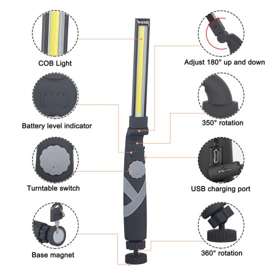 ZY12 360Degree Rotation Folding USB Rechargeable COB Emergency Worklight with Magnetic Flashlight Work Light ZY12 360Degree Rotation Folding USB Rechargeable COB Emergency Worklight with Magnetic Flashlight Work Light