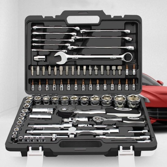 82Pcs Ratchet Socket Wrench Repair Tools Set Auto Repair Machine with Plastic Toolbox